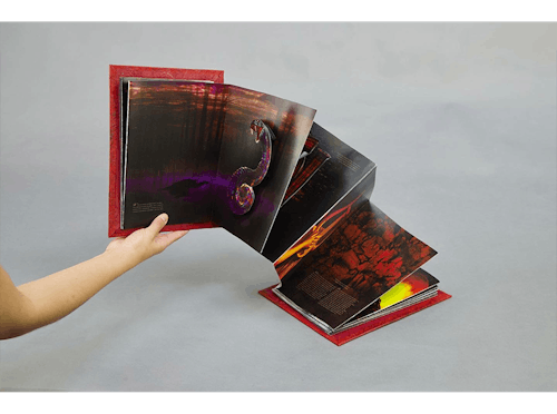 A hand holds open a book. The pages are coming out sideways in accordion style binding. There is a snake coming off the page. The book has a red cover with dark illustrations of forests and fire.