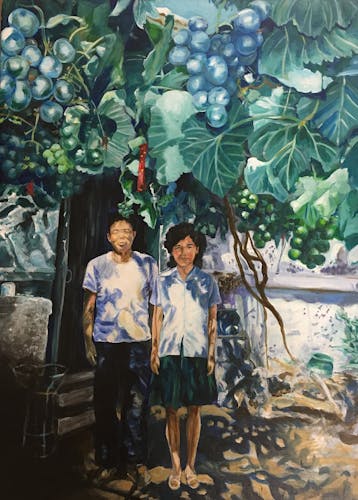 Top half of painting is blue and green grape vines. In the center are two grandparents standing wearing white and blue in front their house. 