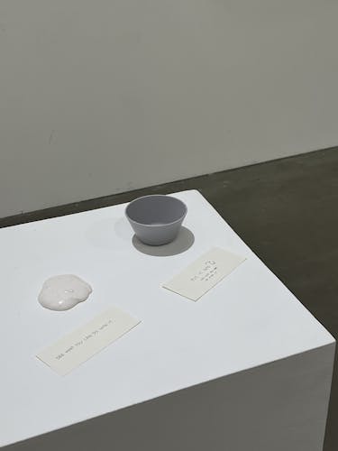 On one side is a soft clump of slime in white with a sign under it that says "see what you can do with it". The other side has a small lidless container with a sign under it that says "put it into (icon that indicates container); see what you can do with it". Both items and signs are place on an elevated surface. 