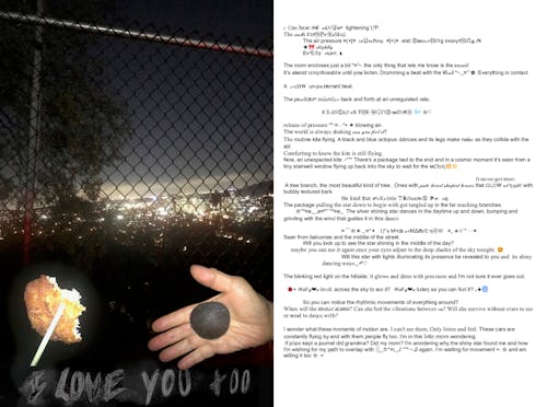 Page is split in half, on the left side is an image of the Los Angeles skyline at night (from Glendale) below this on the bottom right is a hand open palmed holding a live sand dollar and on the bottom left a pair of chopsticks holds about one half of a fried shrimp cake. Hand written under this reads " I LOVE YOU too". On the right side of the page is a poem written with alternating fonts and emoticons. 