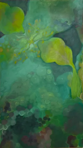 An abstract painting in shades of teal, yellow, and green, with two leaf shapes approaching one another with a burst of yellowish light tendrils between them. Aside from the aformentioned shapes, the painting is pervaded by little multicolor spheres with different levels of distinction beneath the murky wash of teal 