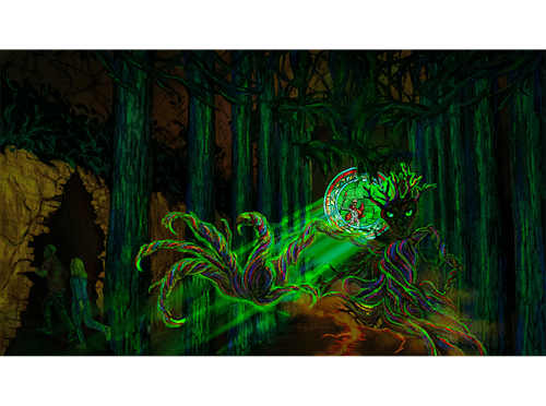 A neon green glowing monster is reaching towards the viewer. The monster is brown and made of tree trunks and moss. The background is a dark castle with people running away in the foreground. There is a stained glass window behind the monster that illuminates the scene. 