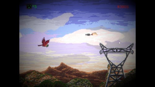 Pixel art of a red parrot with a CRT head avoiding electrical poles