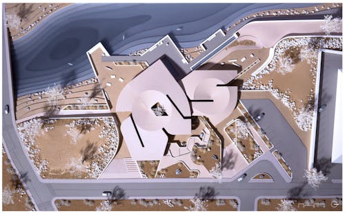 A top down view of the physical model representing the project’s overall plan organization, materiality and atmosphere. The building design is situated front and centered with bifurcating paths radiating out from its periphery. The model uses earthy tones for the natural landscaped areas, matte skin color for the 3D printed building roof and exterior walls and a gradient of different blue hues to capture the depth of the river.