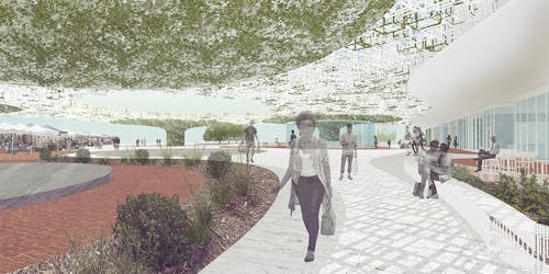 This project links existing social infrastructure through vegetation and modular installations leading up to a public plaza comprised of urban farming and marketplace