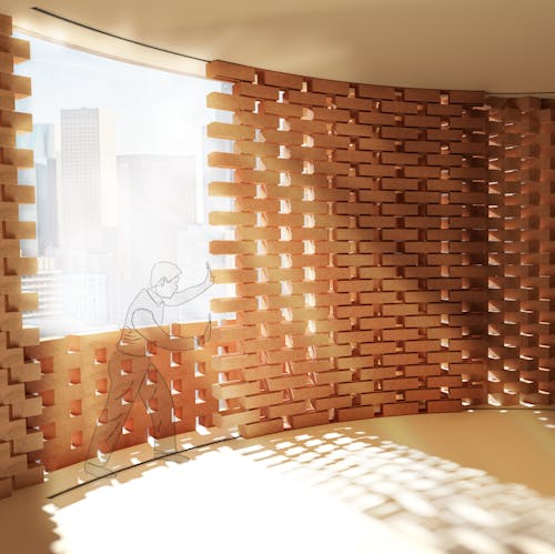 Rendering of an interior view of a person pushing open a brick wall with undulating lights
