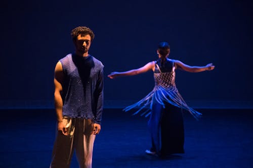 The section begins with two dancers onstage - one walking towards upstage left and the other spinning continuously. As music begins to fade in, there is a dreamlike quality to the soundscape and the choreography that builds into an ensemble section performed by five dancers. The ensemble is one of various social identities - including Black, Asian, and Femme. Each dancer is wearing a unique costume that emphasizes their kinetic capacities. While the dancers remain somewhat distant from one another, there is a sense of balance and harmony in the way the dancers weave in and out of one another - as if acknowledging energy and presence, rather than a direct exchange of physical contact. Throughout the section, the dance highlights the different layers of musicality in the soundscape provided. Video edited by Elijah Abadilla features Simon Chernow, Mikayla Knestrick, Aryeal Lands, Bianca Yen, and Lingfeng Yi.