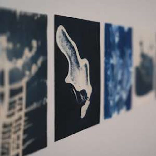 A video art generated from over 3000 samples of cyanotypes (photographic blueprint). Images merge into fluid transients of blue and white. Some of the images are more realistic, resembling objects, places, landscapes, while others are more abstract composition of lines and patches of blue and white.