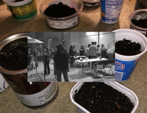 A video of guests planting, talking, laughing amongst each other during a gardening workshop overlays a photo of empty yogurt cups, soup cans and the like with soil in them.