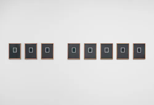 Propositions for an ontology (or to make amends with opacity), 2021. Five Dye over exposed diffusion transfer prints (Polaroids). 11 7/8 x 14 3/4 inches (framed) each.