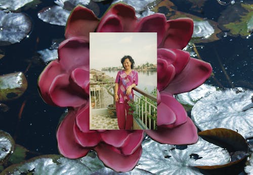 An archival photo of a woman in a pink outfit. Behind the photo is a 3d model of a pink lotus with a background of blue glistening water and green lily pads.