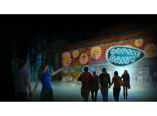 Guests walk towards a neon nightclub entrance. The background is a dark forest. There is a glowing blue sign and doorway with fog covering the ground. A creepy daisy mural and old posters cover the walls. 