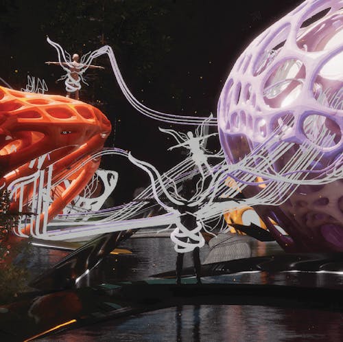 In recent years, the rise of transhumanism has added a new dimension to this intersection of virtual subcultures and technology. Virtual subcultures serve as a refuge for those who prefer an existence removed from the public sphere. Through digital tools, individuals create subcultures that disrupt social hierarchies and consume and manifest identities. They long for physical projections of their virtual worlds, ultimately feeling FOMO and a connection to both realities.  Transhumanism uses technology to overcome human limitations and create a post-human future. We've studied responsive polymer-based prosthetics to enhance organs, like amplifying hearing and providing bionic wings for support. To benefit from transhumanism, we've created a sanctuary for innovation in the woods, starting with a neural-based grid system. The garments play a crucial role in the transhuman sanctuary, enabling amplified effects and connection to the surrounding structure for maximum transformative ability.