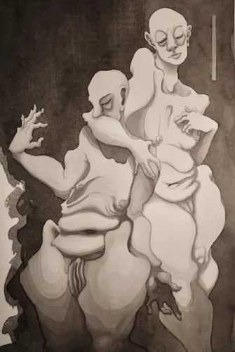 A mostly grayscale background with more liquid aspect edges layered in the bottom left. Small mark-making forming spaced out mini squares adds texture, splayed out from the top left corner and down the left side. A lighter grey medium-long rectangle hangs out top left. This all backs two figures, cut off at the bottom of the page at knees and ankles. Both figures face us, in the nude, both with breasts. The left figure has small breasts, a sagging ribcage and front-facing labia-like genitals that stand out in the high contrast. The left figure has a right hand up and left hand down at their side. The right figure has their hand up, finger's splayed. The right figure stands slightly taller, and slightly lighter-toned, with their right arm holding the other figure carefully around the top of their shoulders, with a hand on the figure's left shoulder, and covering the bottom third of the face. Their other hand is held, elbow curved back, hand limp and resting, fingers curled, over their left breast. Both figures have lumpy curvy bodies, hairless smooth heads, pupil less dark grey eye sockets, deep bellybuttons, deep neck to collarbone, eyeballs, and heavy upper lids. They stand with great poise and presence. Clearly visible layers of watercolor ads a contrast fade light to dark from the legs down on the left body.