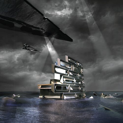 Render of a corner of Tai Kwun floating in a stormy ocean with star destroyers hovering over