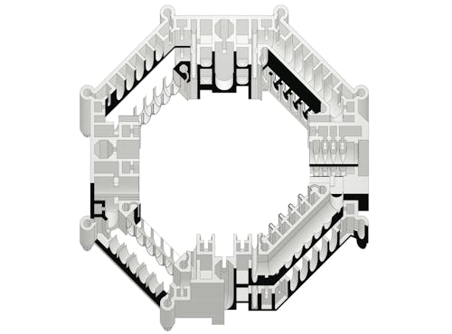 A underside oblique view of an architectural model of a Persian Caravanserai which reveals individual systems of overall structure.