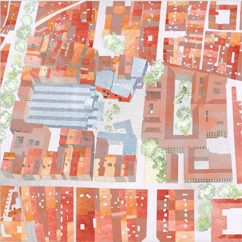 Highly textured birds-eye drawing of Barcelona's gothic district. Filled with ceramic textured reds, oranges, and grays. Centered around courtyard with trees.