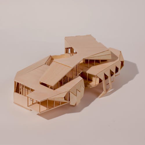 Plywood architectural model of a house.