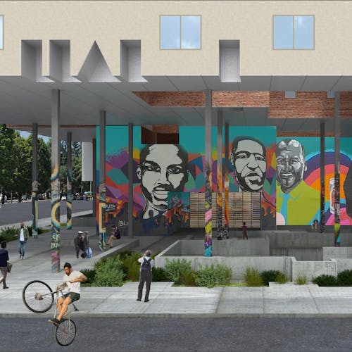 Architectural rendering of a public square beneath a building. Populated with plants, political murals, and families.