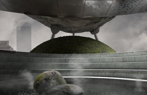 A pool of Tar with stairs leading down to it under a mossy hill and a rocky building 