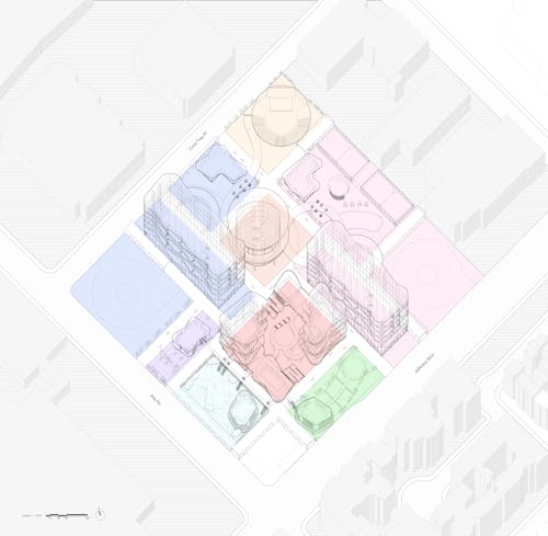 A drawing of hotel and residence buildings at a site designed to be a microworld.