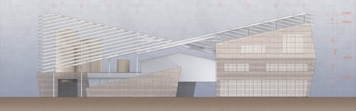 An elevation of a brown building with a perforated ceramic facade built around an existing warehouse 