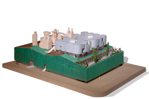 A physical model made with acrylic Paint, MDF, chipboard, and 3d prints, designed for a research institution building.