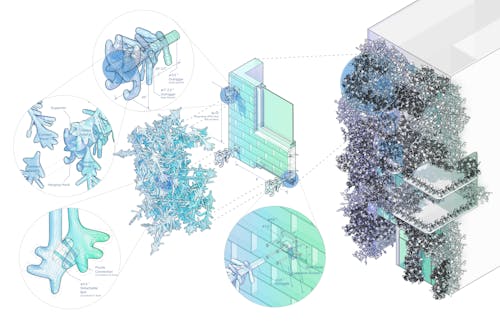 a resident and office mix-used building covered by unique branching 3d Printed facade. It is hanging by a well designed hanging structure with the same language of branching.