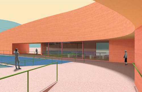 Rendering of breezeways through an undulating building with mountains in the distance.