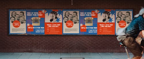 Mockup of three posters across and urban wall. Posters are advertising a service called 1-800-FUTR that will predict the future for you.