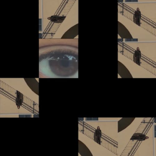 Black square screen with square frame of an eye off center. More boxes of a girl walking up and down stairs in square frames surrounding the eye in an irregular pattern