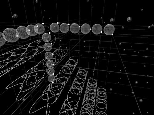 A series of Lissajous curves floating in 3D space, surrounded by stars and orbiting planets, creating a cosmic, animated scene.