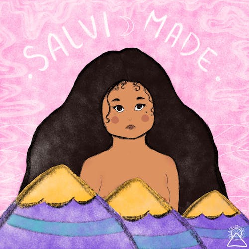 square image with a pink background. The border of the image is decorated with white swirly illustrations. At the top of the illustration there is text that reads "Salvi Made". Right below this text their is a brown Indigenous women with flowy black hair, pink circles on her cheek to mimic blush, and a little heart below her right eye. The women appears to be nude but we can only see her from the shoulders up as there are three mountains right in front of her  illustrated in purple with a yellow top and blue accents. 