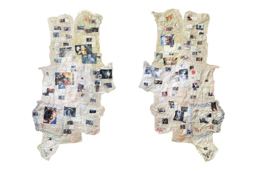 Images of women in media are collaged overtop a long rectangular structure of vintage white handkerchiefs. The piece is double-sided, with the collage present on the front and back.