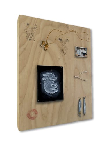 Various objects (A golden necklace with the number 14 as a pendant, a bunny's X-Ray, a tiny family photograph of a wedding, a silver sardine, a wishbone, a lipstick kiss mark, and two faded stamps of a heart) are painted with acrylic paint on a rectangular wood panel.