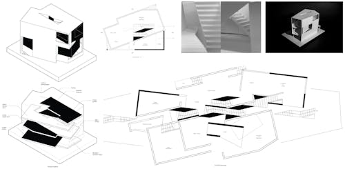 Mitosis House   My proposal is to inscribe a duplicate, angled and scaled, of the precedent house that resembles the original on the outer shell but has different sets of rules that regulates the interior space.   By looking at the exterior, one would expect that one structure hosts the work, and the other hosts the living scenarios. Through dissolving the interior of the existing with the inscribed, work and live spaces are strategically placed as zig-zags and interweaving velocities throughout the space and across different floor heights.  The original circulation is retained and repurposed to become an intertwined core that contains two sets of circulations, pointing at opposite directions, so that one is more prone to use one set of circulation over the other in different work-life scenarios, but both remain open.  As an effect, the existing is in the new, and the new is in the existing, as work is in life and life is in work.  Such conditions manifest my idea that work and life spaces are like two cells that grow out of the people who inhabits in the space, and the house I have created is a snapshot at the mid point of that mitosis, neither combined nor severed, always regulating and conversing with one another. 