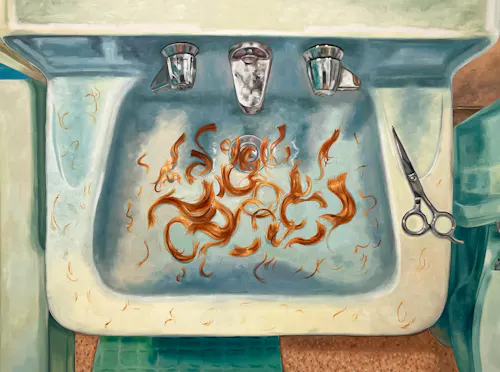 Oil painting of a vintage sink with red hair in it and scissors on the side.