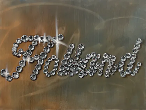 Oil painting of the word "Holland" written in rhinestones.