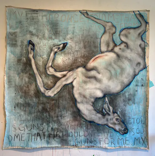Untitled [Father Figure], oil, acrylic, chalk pastel, plastic stars, and glitter on canvas, 72’’x72’’