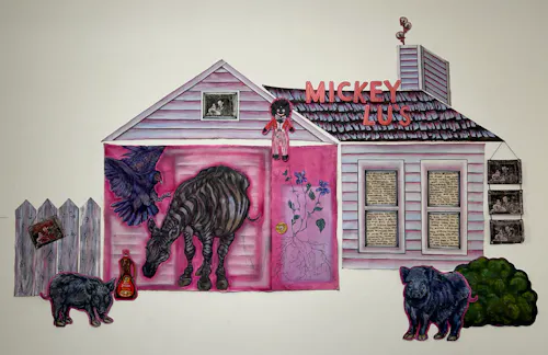 Bedtime Story: Loving vs Virginia, 2024, oil, tissue paper, braided string, and printmaking on canvas, 72’’x120’’