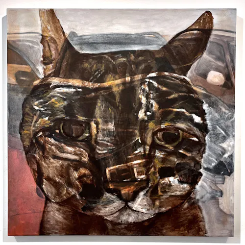 This square painting depicts a cat's face with brown, black, and yellow fur transparently in front of an image of the hood of a black crashed car.