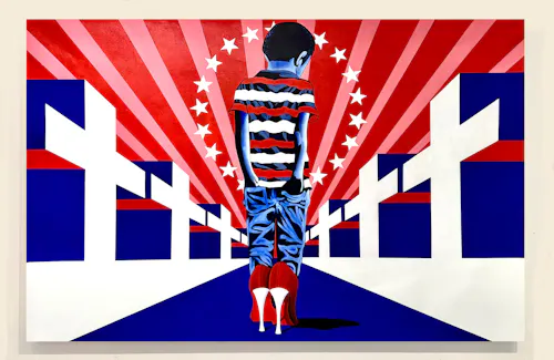 Acrylic painting of a seemingly male child in the middle of the canvas, facing away from the viewer. The figure is standing on a blue road lines with white crosses, and Stars and Stripes in the sky reminiscent of the American Flag.