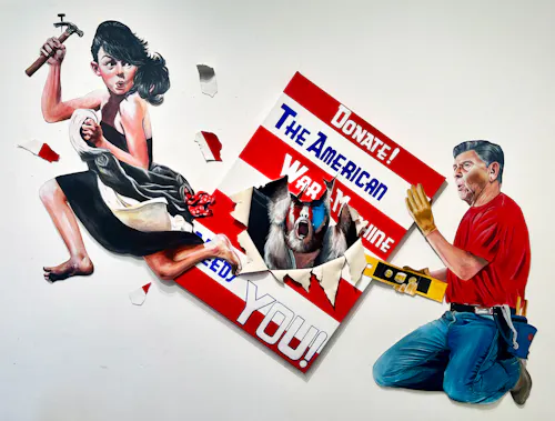 The painting is 3 different pieces, from left to right: there is a girl bursting out of a painting with a hammer and nail in her hand, the painting on the wall is displayed as if it is falling. She is looking back to see the figure inside the hole she ripped is screaming at her (it is the 'Shaman' from January 6th), the painting that is ripped is reminiscent of an old American Propaganda War-Effort Poster saying "Donate! The American War Machine Needs You". The final figure on the right is Ronald Reagan with a Red Shirt on coming to fix the painting from falling off the wall.