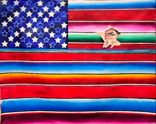 A painting that combines the American flag with the colorful stripes of a Mexican serape blanket. The stars are white on a blue background in the upper left corner. A person’s eye and hand emerge through a star-shaped tear in the fabric, showing brown skin and long, white nails. The person’s gaze appears strong and determined.