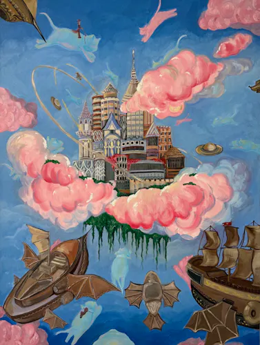 An oil painting of a sky utopia, where bright, colorful castles are suspended in a field of candyfloss clouds of pastel pink and blue. Cats (or similar animals) that float gently in the sky, where their bodies are soft and cloudlike. Some are ridden by little human figures, some are liberated and free to fly. There are flying ships and UFO-like discs sliding across the wide open sky, contributing to the light show of cosmic wonder. The scene exudes a sense of freedom, whimsy, and a dream of never-ending possibility divorced from gravity or Earth’s rules.