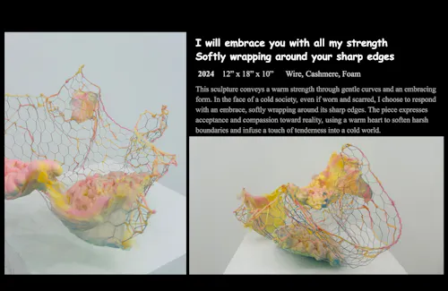 A soft, abstract sculpture made of coiled wire, wrapped in warm beige cashmere and foam. The form gently curves around itself, as if hugging an invisible shape, evoking an embrace. Some wire elements subtly protrude like thorns or jagged edges, partially softened by the surrounding fabric. The interplay of rough and smooth materials symbolizes a quiet resilience, offering warmth and tenderness while encircling something sharp or cold. The sculpture sits calmly in space, embodying compassion, care, and emotional strength.