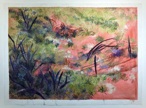 Many small textural brushstrokes form a green grassy field against a light red underpainting. Daffodil plants with large, solid blue leaves are scattered in the scene. Hidden amongst the brushstrokes are two figures lying prone in the grass, seeming to sink into the landscape.