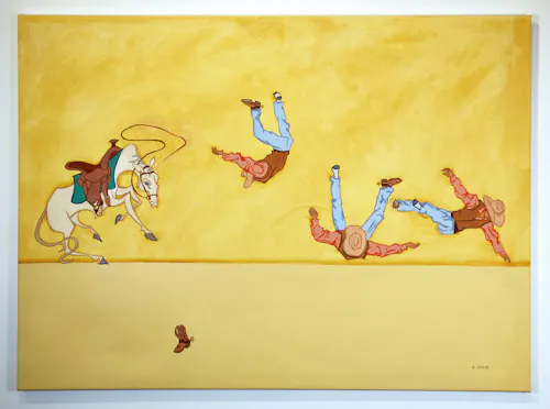 A horizon line at the center of the painting separates a yellow underpainting sky and a more opaque, lighter yellow ground. A white horse, tacked up in an emerald green saddle pad, brown western saddle and bridle, stands atop of the horizon line on one leg rearing. A cowboy, shown in light blue jeans, a salmon colored shirt, brown vest, a tan cowboy hat, one brown cowboy boot and one socked foot, is shown at three sequential points as he is flung from the horse and topples along the horizon line. His missing boot lies on the ground beneath the horse.