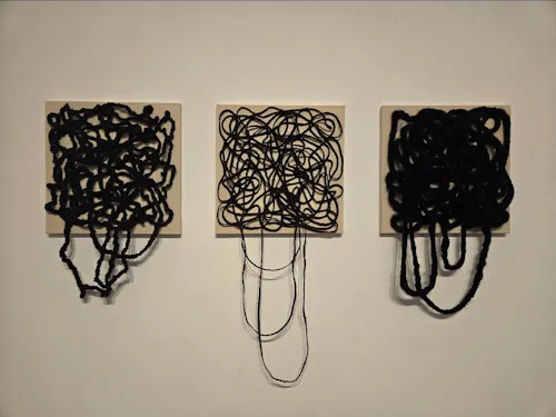 A pulled back view of 3 square raw canvases each with hair rope of different textures sewed onto it in a wavy pattern.