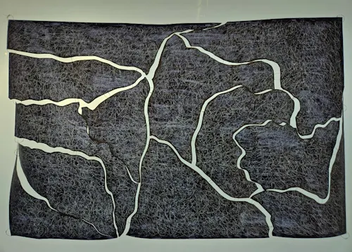 A view of a black piece of paper cut into various round geometric shaped pieces fully covered in white etchings that resemble scribbles 